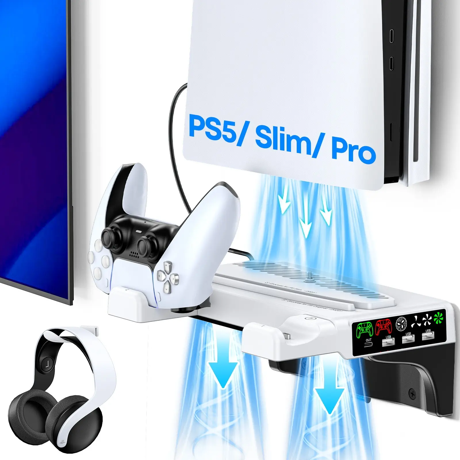 PS5 Wall Mount with Dual Cooling Fans & Dual Controller Fast Charging Station, PS5 Floating Shelf Mount for PS5/Slim/Pro Disc & Digital Consoles, Mountable Behind PC Monitor for PlayStation 5 Accessories, USB Ports, Made for Gaming Gaming Products