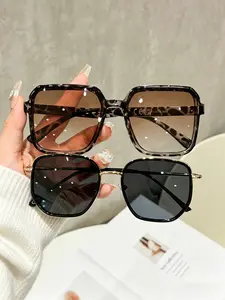 2 Pairs PC Metal Frame Sunglasses Set, Large Square Frames, Metal Temple Design, Ideal for Daily Commute, Street Style, Vacation Photos, Road Trips