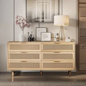 Simple Natural Rattan & Wood 6-Drawer Storage Cabinet with Smooth Rails, Easy Setup Indoor Cupboard for Bedroom, Living Room