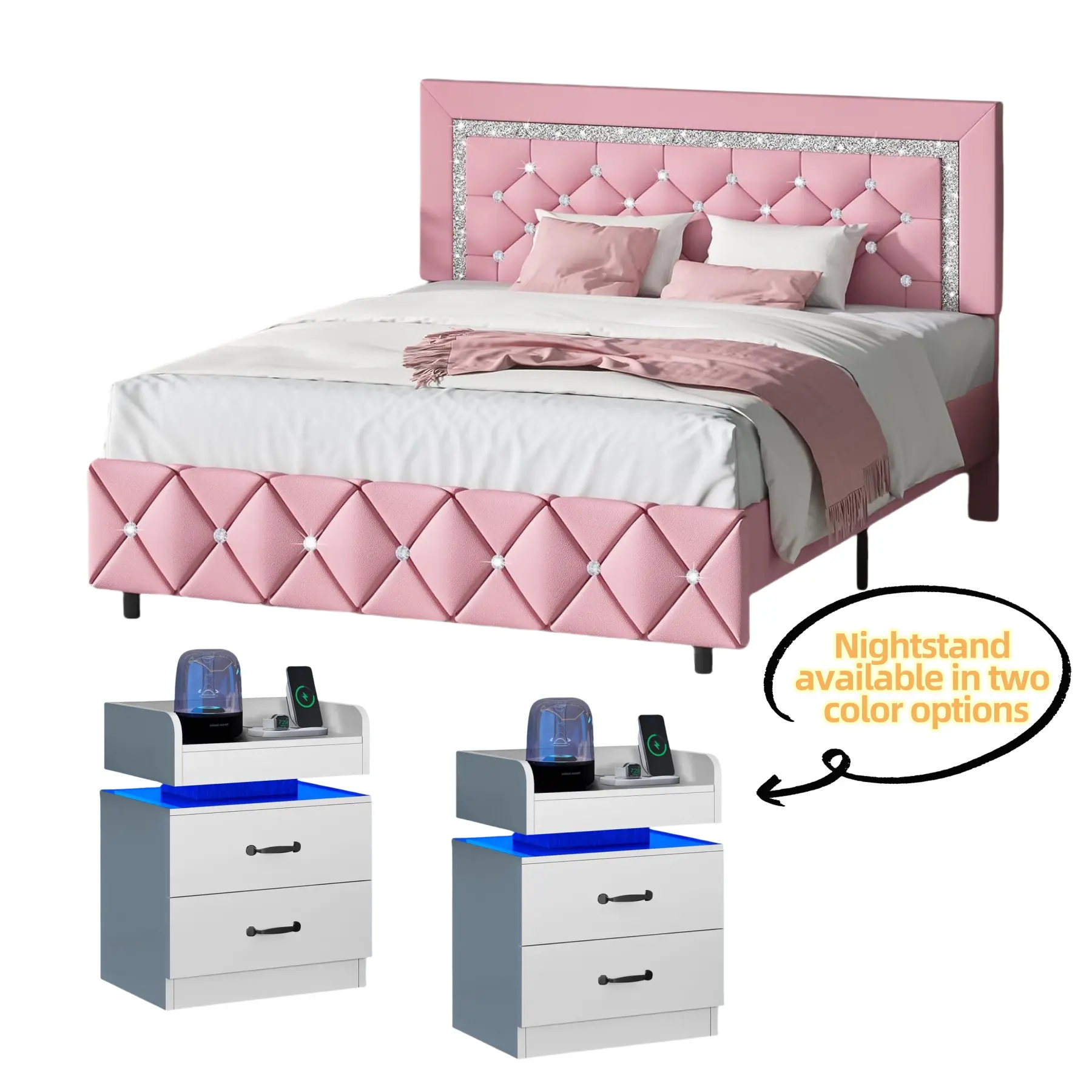 [Summerwins] HOMBCK Diamond Bed Frame with Nightstand Set, No Mattress, Faux Leather Upholstered Bed, Adjustable Headboard, No Box Spring Required #summer garden,fathers day gift ideas