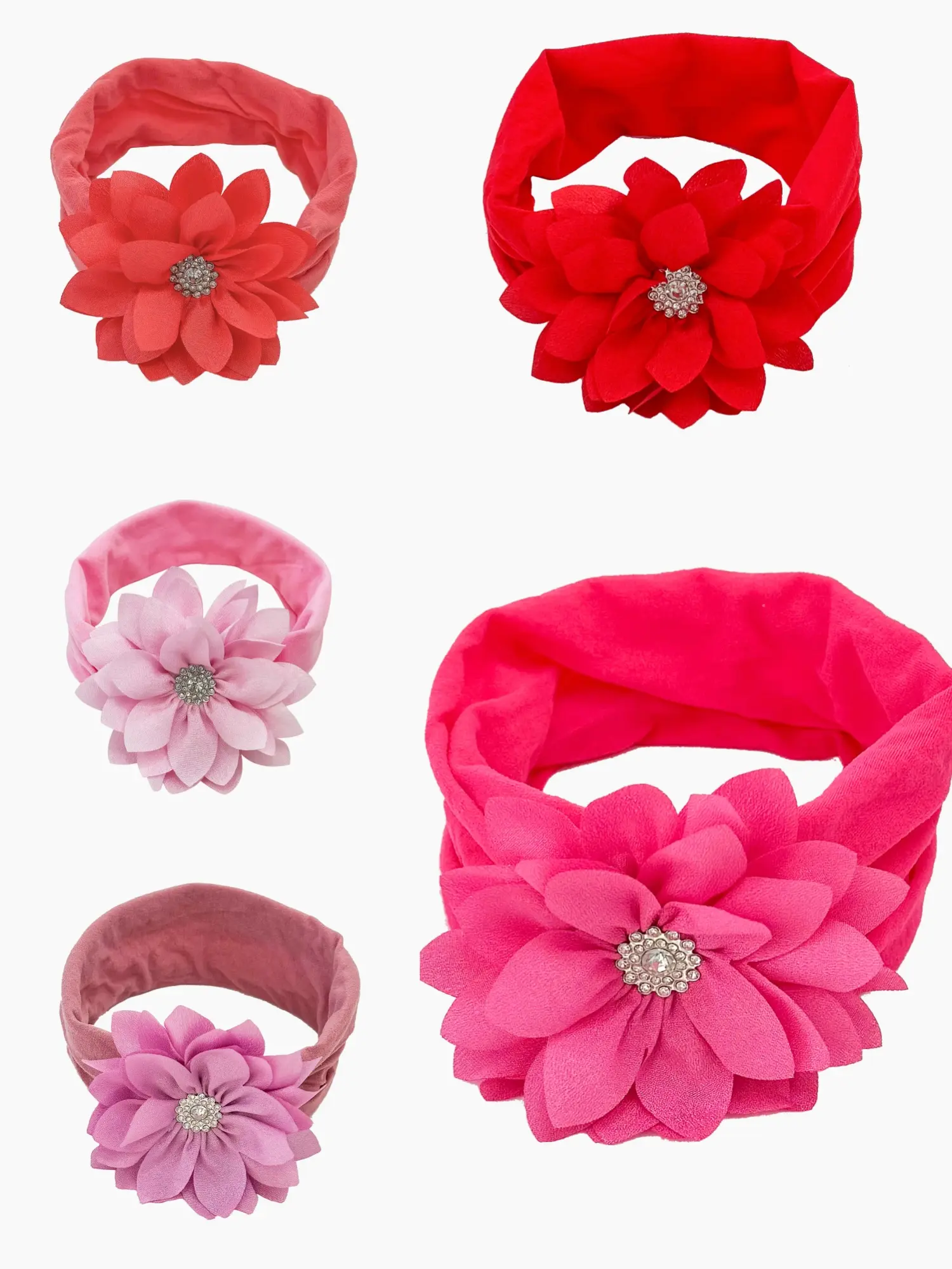 5 Piece Simulated Diamond Chiffon Flower Hair Bands for Girls, Comfortable Soft Press-On Headbands, No Damage, Stylish and Versatile, Nylon Hair Headbands, Hair Accessory, Headband Set