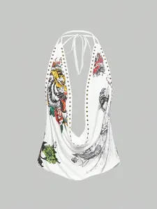 LUSHLACE Graphic Sleeveless Tank Top Rhinestone Y2K Sexy Draped Neck Carnival