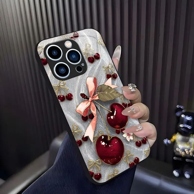 Cute Cherry Bow Phone Case, Coquette Aesthetic Glossy Cover for iPhone 15 Pro — 975