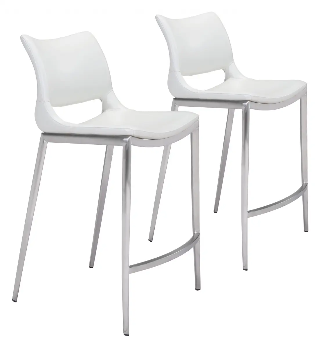 212 MAIN Modern Curved Upholstered Dining Counter Chairs - Set of 2, White Faux Leather, Silver Ergonomic Design, Footrest, Steel Frame, Requires Assembly, Upholstered Dining Chairs
