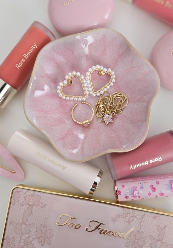 Lotus Shape Ceramic Trinket Tray Magic Kiln Glaze Transformation Technology 4.3" Pink Home Decor Elegant Jewelry Dish Organizer for Necklace Keys Unique Gift for Mom Sister Best Friend