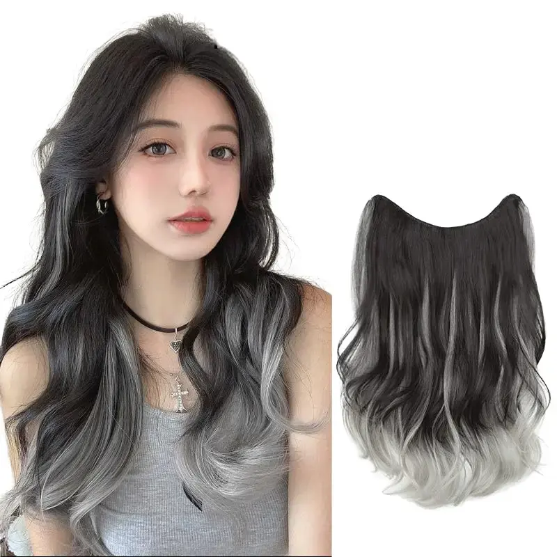 V‑Shape One‑Piece Clip In Hair Extensions, Black to Silver Ombre Loose Wavy Synthetic Hair Pieces, Paris Painting Dye Highlight Hair for Women Full Head Daily Party Styling