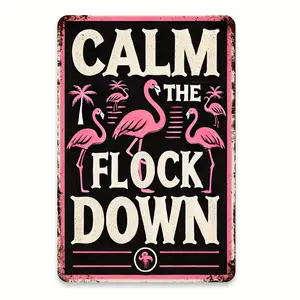 Vintage Flamingo Metal Sign, 8X12 Inches - "Calm The Flock Down" Retro Tinplate Wall Decor With Pink Flamingos & Palm Trees, Perfect For Cafe, Bar, Shop Display, Flamingo Decor