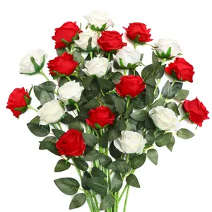 Artificial rose flowers in white and red combination, with stem, silk blooming roses, suitable for home, dining table, office, party, wedding, garden decoration, suitable for spring, summer, and winter