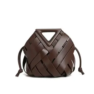 French Vintage High-End Niche Design Triangular Woven Hollow-Out Bucket Bag Clutch & Crossbody with Top Handle-165100