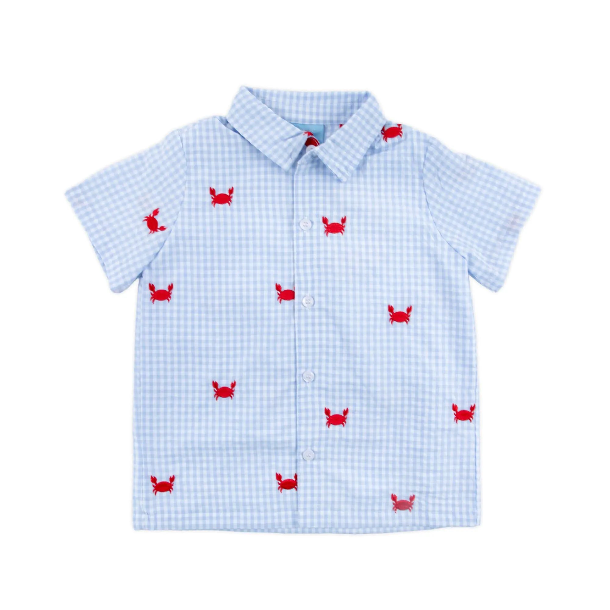 Crab Schiffli Blue Gingham Short Sleeve Button Down - Boys Embroidered Shirt