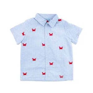 Crab Schiffli Blue Gingham Short Sleeve Button Down - Boys Embroidered Shirt