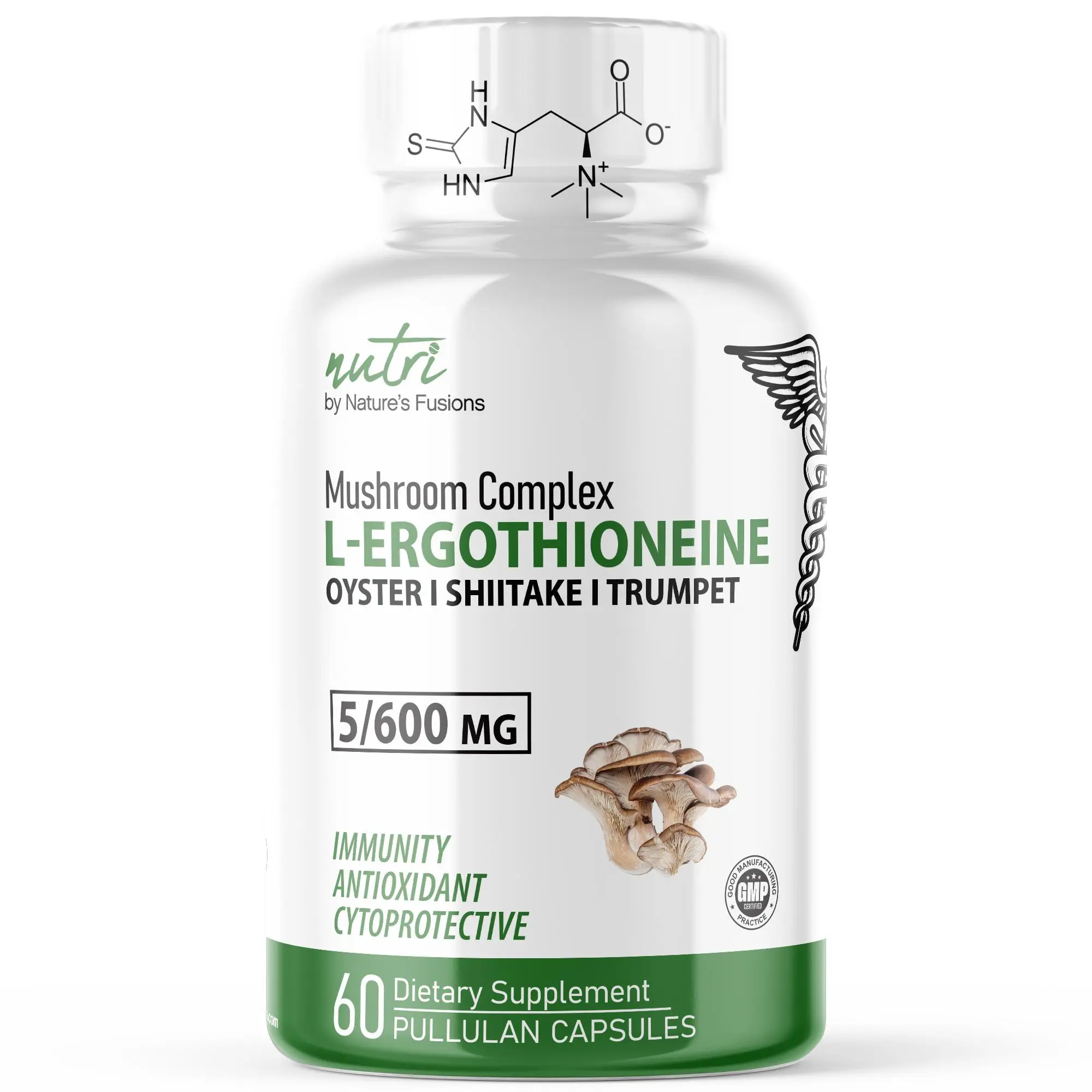 Nutri L Ergothioneine Supplements with Organic Mushroom Complex - 5mg L-Ergothioneine & 600mg Organic Mushroom Extracts - 60 Capsules