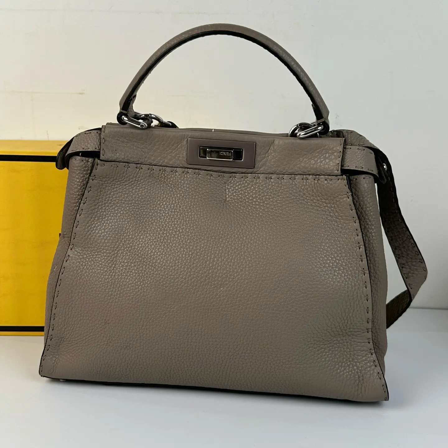 Pre-owned FENDI Peekaboo Medium Taupe Pebbled Calfskin Whipstitch Top Handle Crossbody Bag