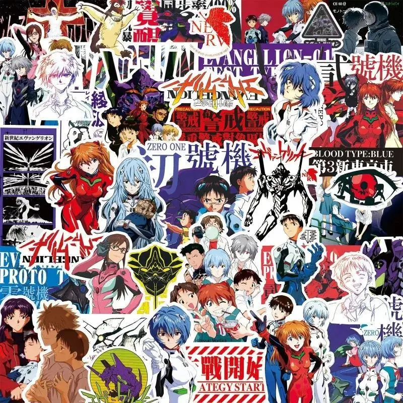 70-75PCS Classic Neon Genesis Evangelion Black and White Sketch Stickers, Anime Decals for Notebook, Skateboard, Bike, Ideal Gift for Anime Fans