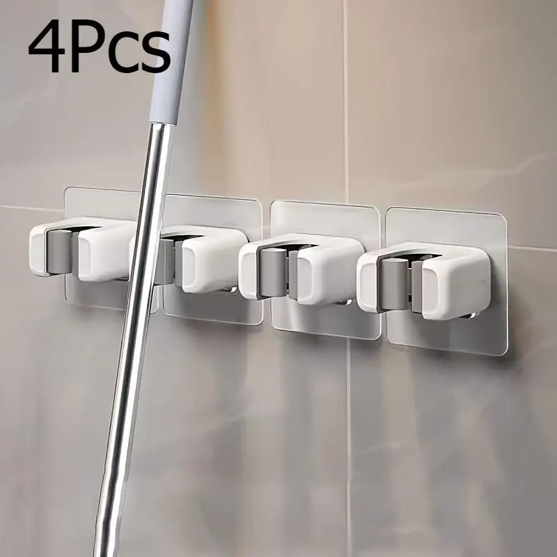 4pcs No Drill Wall Mounted Mop Broom Holder Broom Hanger Wall Mount, Strong Plastic Mop Storage Clip, Space-Saving Vertical Organizer, Self-Adhesive for Home Kitchen Bathroom, Bathroom Organizing Accessories