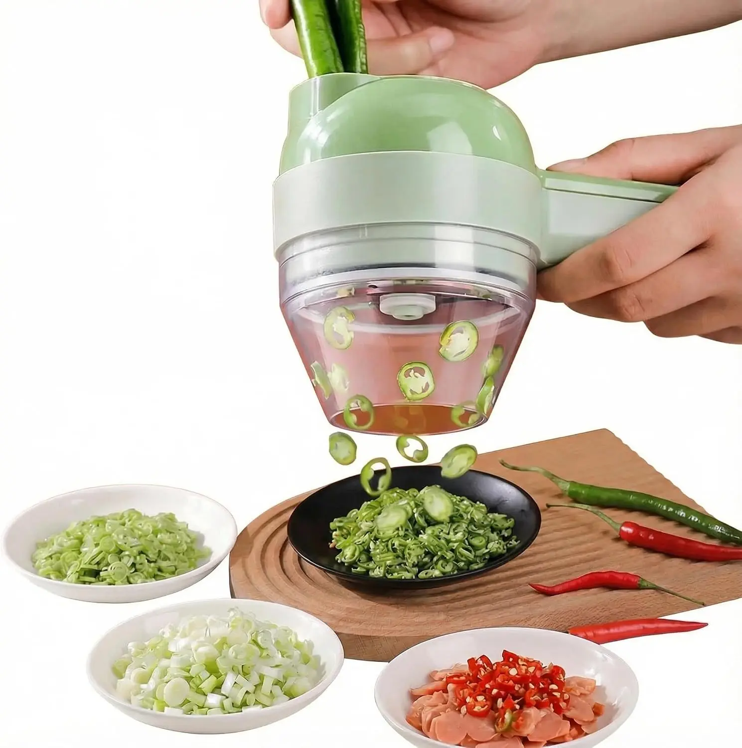 4-in-1 Mini Electric Vegetable Chopper, Cordless USB-C Food Processor with 350ml Container, Garlic Mincer, Vegetable Slicer and Egg Beater for Home Kitchen