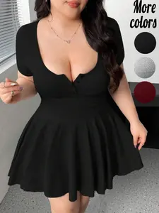 【Plus-Size】1 Piece Black Short Sleeve U-Neck Flared Mini Dress, Cute Casual Style, Stretchy Slim-Fit Fabric & Button Front Detail, For Curvy Women, Perfect for Date Night, Brunch & Party Looks, Women's Plus-Size Flared Dresses | TikTok Viral Fashion