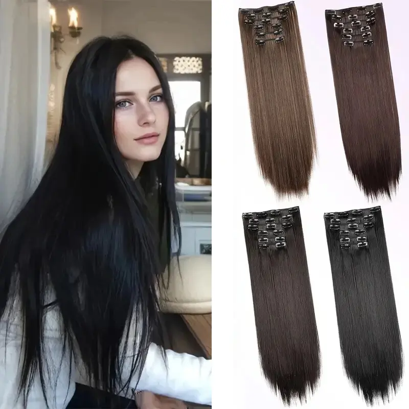 2026 New  Synthetic 6pcs/set Long Straight Clip-in Hair Extension Invisible Seamless Extension Black Brown Hairpiece for Women