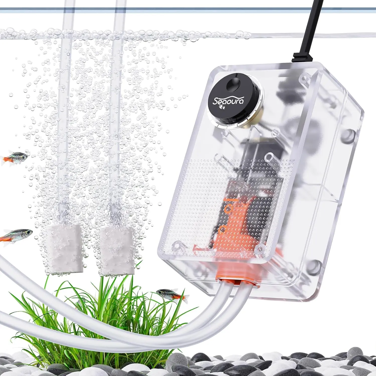 SEAOURA Transparent Aquarium Air Pump - 10W/3W/2W Adjustable Quiet Oxygen Aerator with Air Stone, Tubing, 4 Check Valves, Accessories for 5-300 Gal Fish Tanks, 7-Day Hassle-Free Returns, 5-300 Gallon