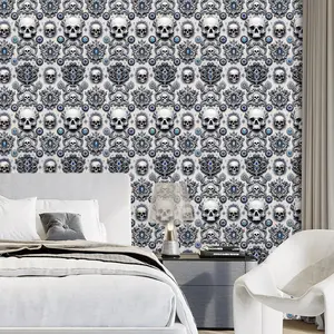 A roll of black and white skull Halloween decorative wallpaper, waterproof self-adhesive, easy to stick and peel off wallpaper, suitable for beautifying and decorating living room and bedroom walls