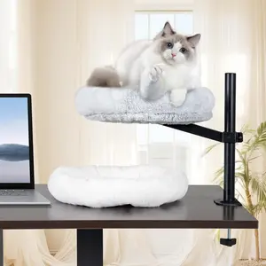 Cat Bed Desk -Attachment Round Cat Hammock for Desk 360° Rotating & Adjustable for Home Office and Study Rooms (White & Gray)
