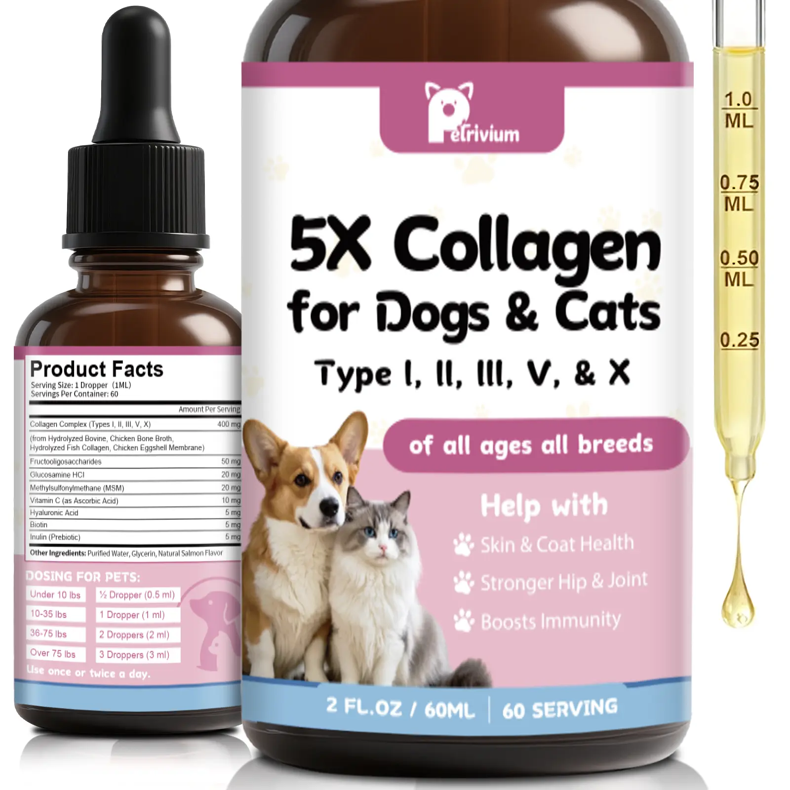 Dog & Cat Liquid Collagen Supplement, 5 Grass-Fed Collagen Types (I,II,III,V,X) with MSM, Biotin, Hyaluronic Acid for Skin & Coat, Itch Relief, Hips & Joints, 2 Oz