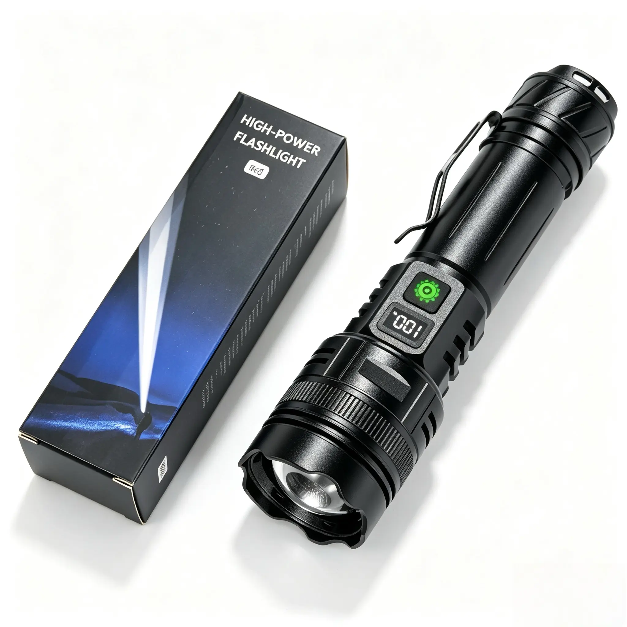 Multi-functional zoom flashlight with phone charging output, digital power screen & IPX6 waterproof. Shockproof, dustproof and portable for all outdoor & emergency scenarios!