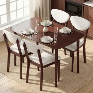5-Piece Dining Table Set for 4, Mid-Century Modern Kitchen Table and Chairs with Padded Seats and Backrests, Solid Wood Frame for Small Space, Dining Room, Living Room, Cream White