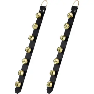 Hanging Jingle Sleigh Bells 7-Bell Dog Doorbells for Door Knob Faux Leather Belts Go Outside Dog Bells Christmas Decor and Holiday Decorations, 18.7 x 1.8 x 1 Inches(Black with Gold)
