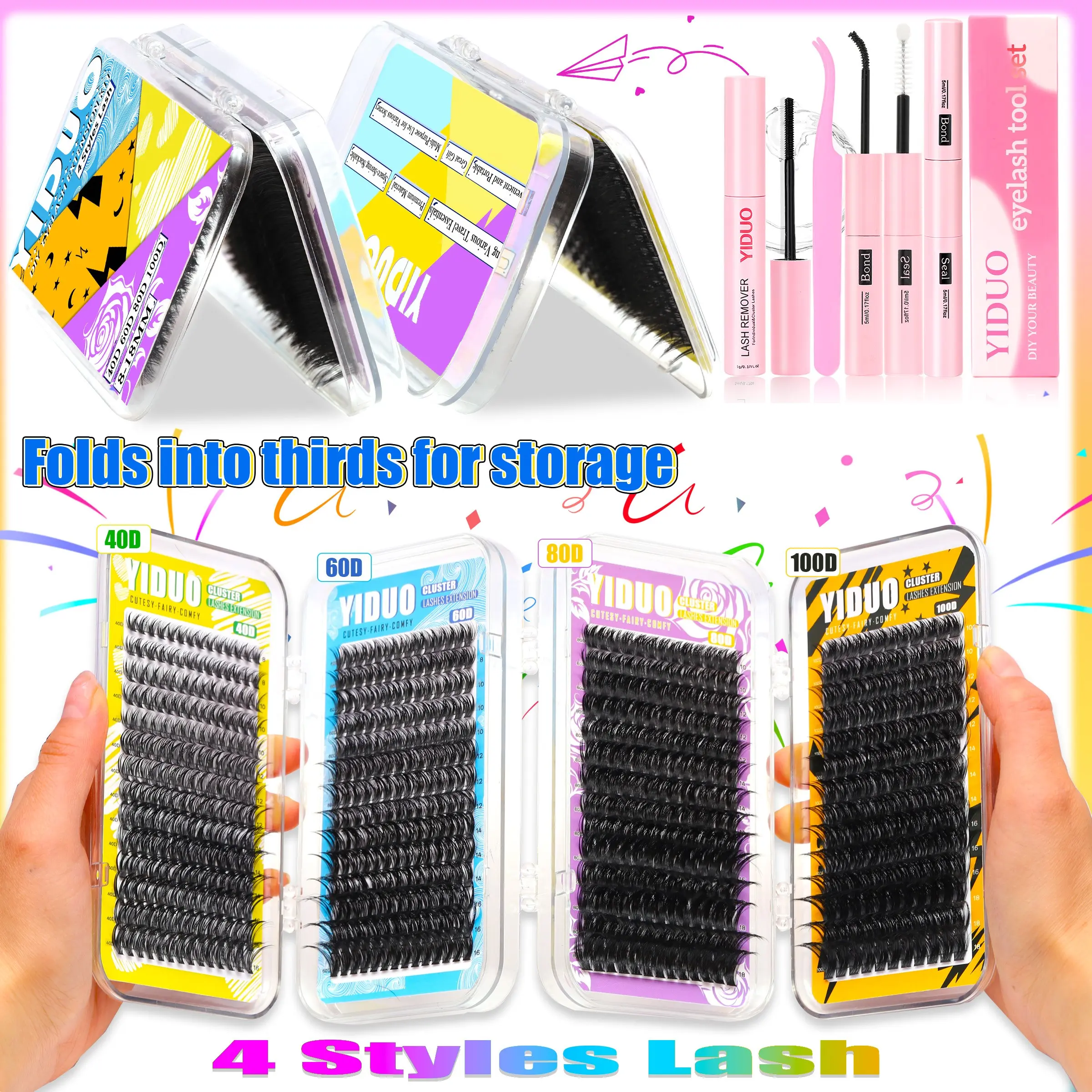 4-Style Eyelash Cluster Set, Cluster False Eyelashes, 40D/60D/80D Eyelash Cluster Kit 8-18mm Eyelash Extension Kit lash box with storage compartment Lash Bond and Seal, Lash Remover, Lash Tweezers, DIY at home, DIY Lashes Cluster, Lash Clusters Set