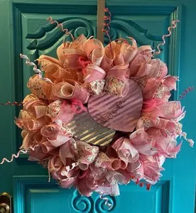 Pink Valentine Wreath: Handmade Burlap Mesh, Wired Ribbon Decor