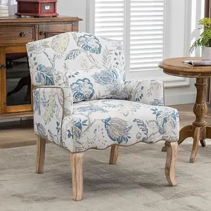 【Summer Sale】EBELLO Modern Accent Chair, Comfortable Linen Chair with Wooden Legs, French Upholstered Single Sofa with Pillow, Retro Side Chairs for Living Room, Bedroom, Club, Floral Pattern