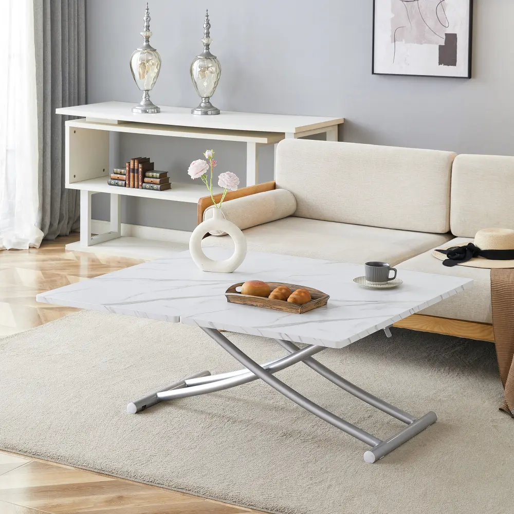 littleox Modern minimalist multifunctional lift table with 0.8 inch thick MDF desktop and silver metal legs, can be used as a dressing table, coffee table, dining table, and office table.W1151126194