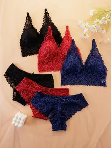 3-Piece Lingerie Set, Sexy Floral Wireless Bra, Fitted Buckleless Design, Medium Support, Lined, All-Seasons Wear, Women's Underwear