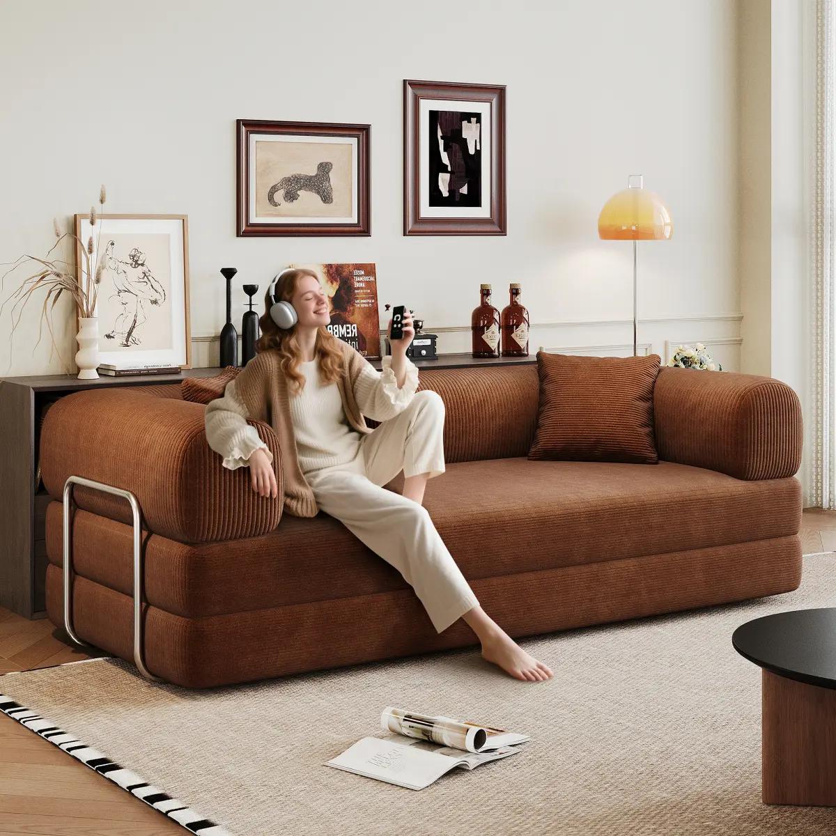 78.8 inch Corduroy Modular Foldable Convertible Sofa Bed - Bendable, Deep, Dual-Folding, Dual-Use, Durable Sofa Set with Removable Backrest, Folding Seat Bag, L-Type Armrest for Living Room, Bedroom