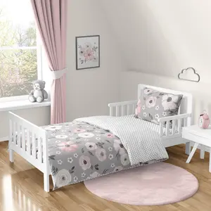 Sweet Jojo Designs Grey Watercolor Floral Girl Toddler Kid Childrens Comforter Bedding Set - 5 pieces Comforter, Sham and Sheets - Blush Pink Gray and White Shabby Chic Rose Flower Polka Dot Farmhouse
