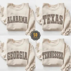 Leopard All States Sweater, Custom Any State Name Pullover Sweatshirt, College Leopard Print Shirt, Personalized Gift for Her, Unisex Cotton Top