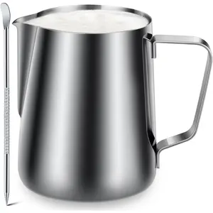 Milk Frothing Pitcher, 12oz Stainless Steel Milk Frother Cup Steaming Pitcher, Coffee Bar Cappuccino Espresso Machine Accessories Barista Tools, Metal Pitcher Milk Jug with Decorating Latte Art Pen
