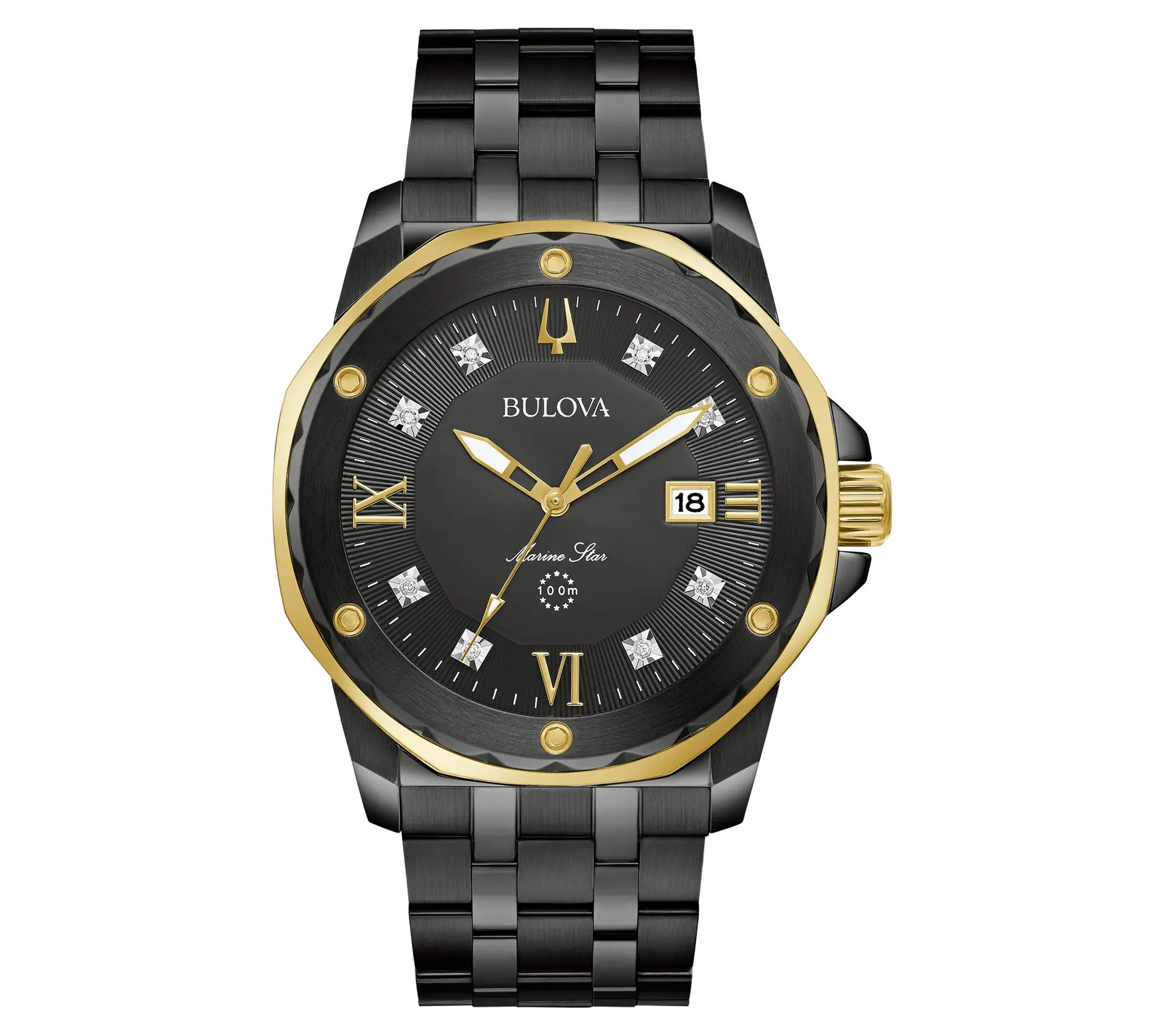 Bulova Men's Stainless Black Marine Star Diamond Watch