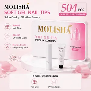 MOLISHA Nail Tips, 504PCS Pre-Etched Acrylic Nail Tips for Flat Nails & C-Curve Nail Beds, XS/S/M/L/XL Stiletto, Square, Almond & Coffin Nail Tips