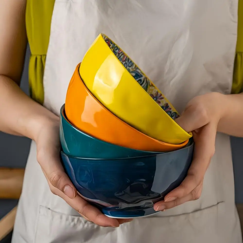 Boho Style Ceramic Bowl Set, 4 Counts/set Creative Colorful Bowl, Ceramic Pasta Bowls, Household Noodle Bowl, Dessert Bowl, Salad Bowl, Serving Bowls, Kitchenware, Kitchenware Ceramics