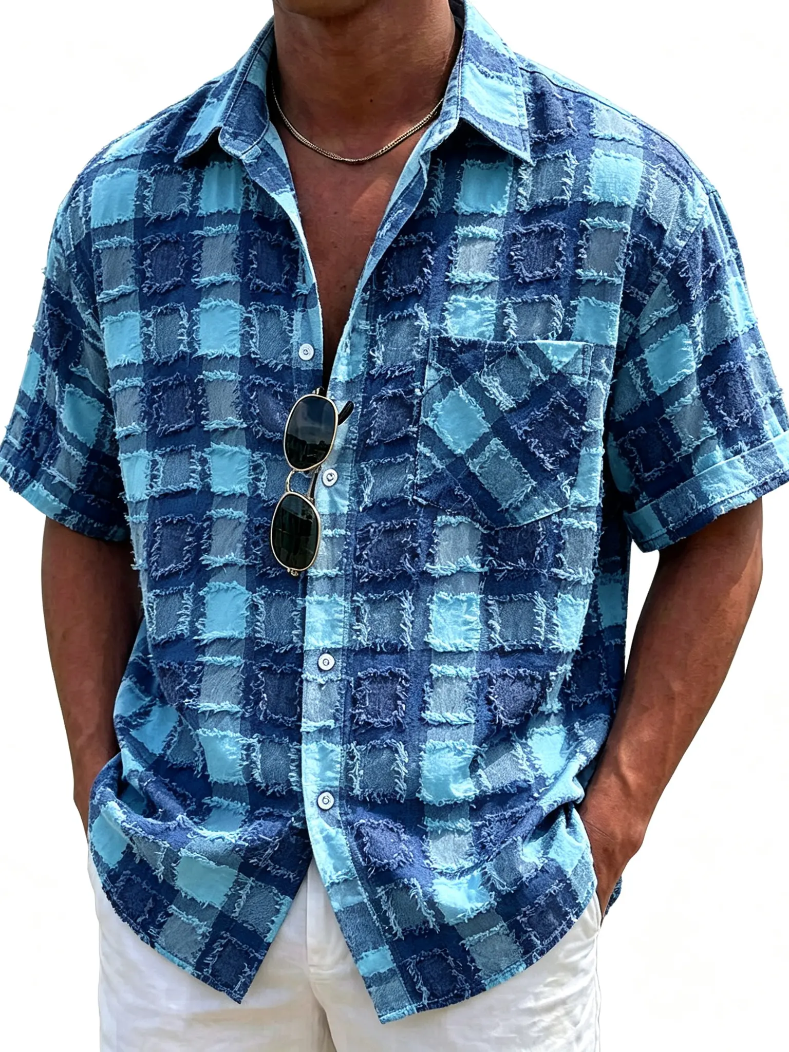 Men’s vintage frayed-edge plaid short-sleeve button-up shirt; oversized loose fit textured checkered casual shirts; fashionable streetwear tops; lightweight summer vacation everyday outfit shirts for men