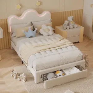 Twin Bed Frame with Adjustable Upholstered Headboard Girls Boucle Platform Bed Frame with Storage Drawers Princess Bed Frame for Kids Strong Wood Slat Support No Box Spring Needed Easy Assembly White