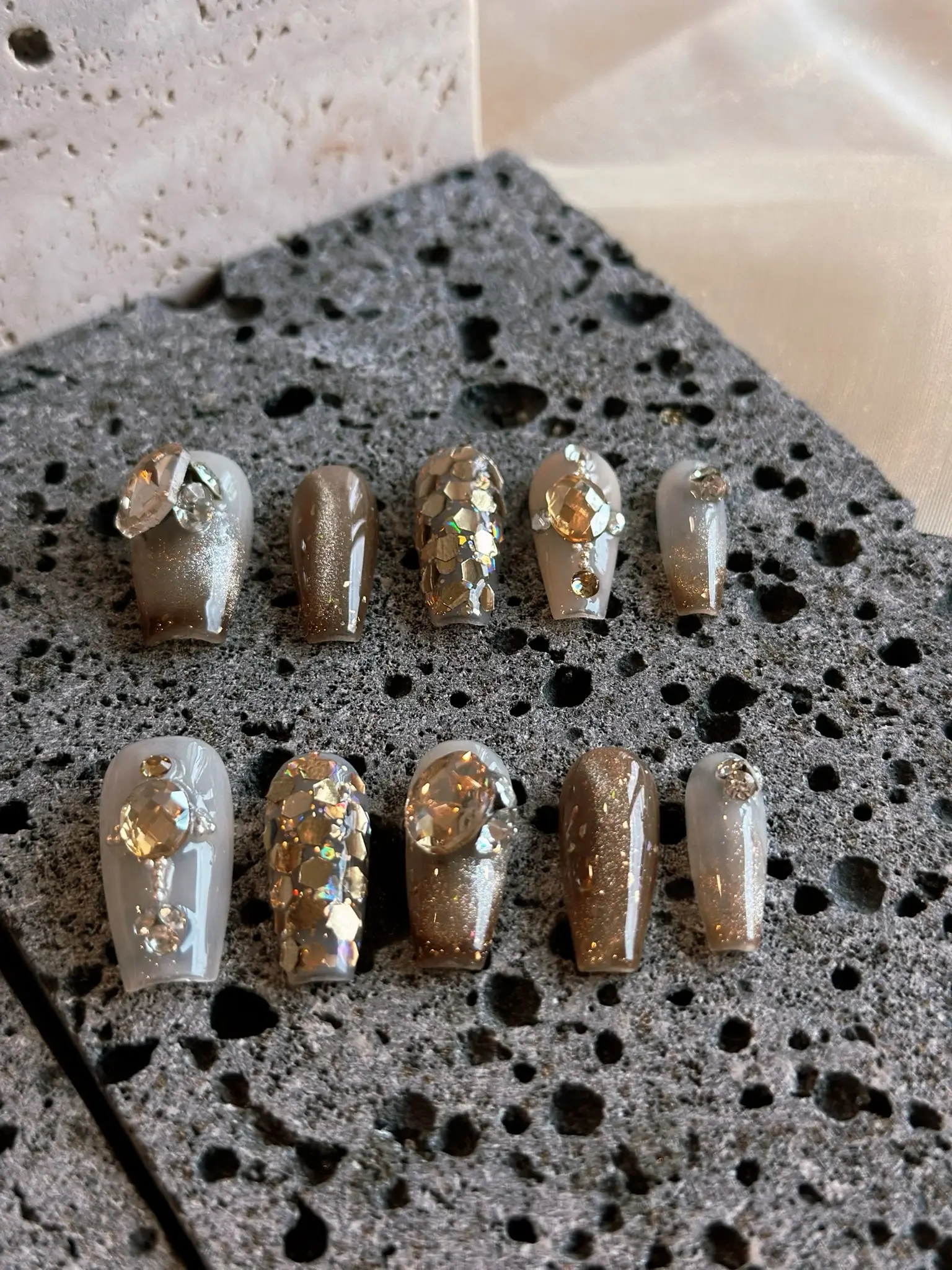 Mocha Glitz & Glam/Handmade Long Coffin Press on Nails Manicure Nail Art