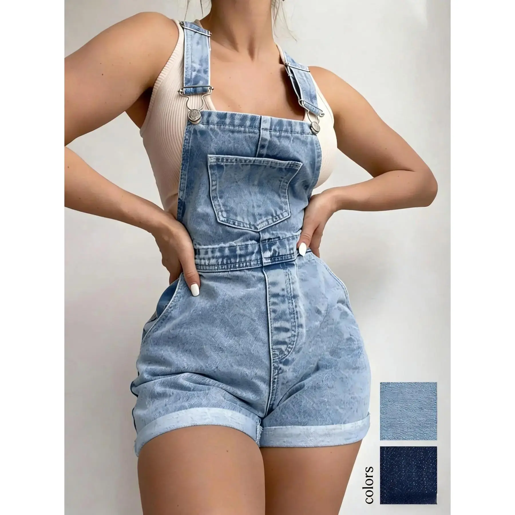 American Vintage Light Blue Denim Backless Overalls Shorts, High-Waisted Roll-Up Hem Slimming Casual Style, Loose-Fitting Women's Summer Wear