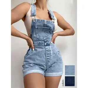 Lady's Basic Sleeveless Light Blue Denim Overalls Shorts with Strap - New American Vintage, Backless, High-Waisted, Roll-Up Hem, Slimming Loose-Fitting, Casual Summer Sports Outerwear