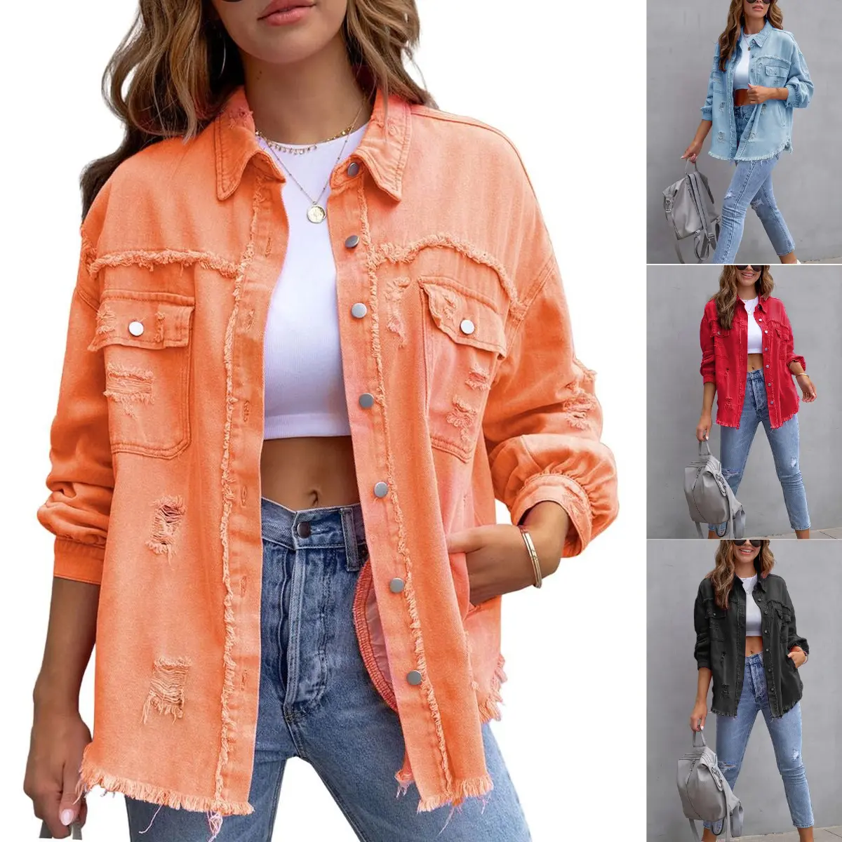 Kingapril Women's Denim Jacket, distressed washed design, button-down front, classic denim jacket with pockets, casual oversized soft coat with collar design.