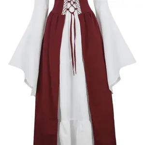 Womens Renaissance Costume Medieval Irish Over Dress and Trumpet Sleeves Chemise Boho Set