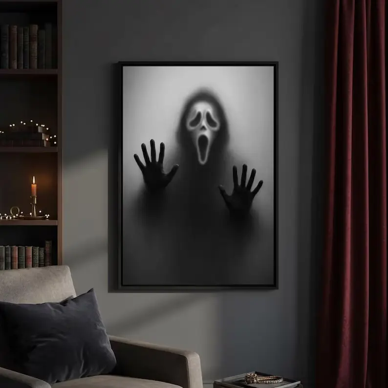 Spooky Ghostface Scream foggy black-and-white horror art, minimalist artwork, 2D flat print canvas wall art poster, wall decoration for home and bedroom, Halloween bedroom decor, ideal gift for a teen’s room and a horror-themed space