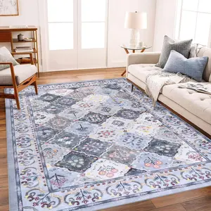Boho Patchwork Retro Area Rugs 6' x 9' ,Soft Plush Non Slip Backing,Bohemian Style Area Rug Colorful Floral Patterns,Perfect for Living Room,Bedroom,Kitchen Closets,Carpet for Dressing Room, Brown, Blue, Grey, Orange,4x6,5x8,6x9 Feet
